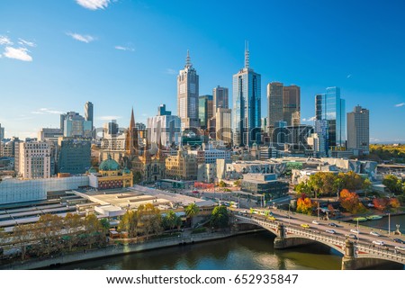 Melbourne city skyline in Australia with blue sky