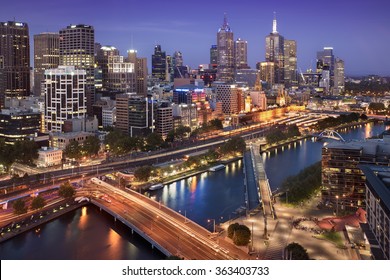 Melbourne City Skyline At Twilight.