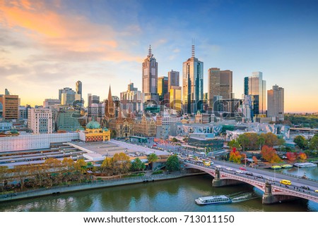 Melbourne city skyline at twilight in Australia