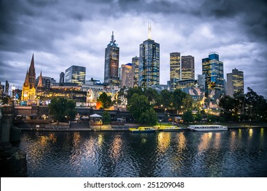 Melbourne City And The Yarra River At Night, Australia.