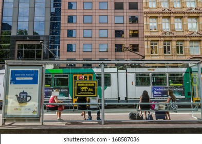 MELBOURNE - DECEMBER 2:Tram Stop In Melbourne City Center, Melbourne Has The World Largest Trams Network.December 2 2014 In Australia