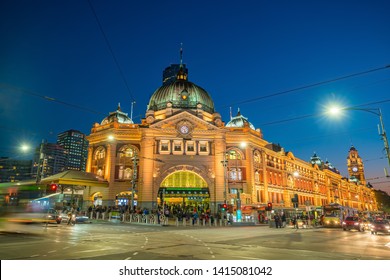 Melbourne Flinders Street Train Station In Australia At Sunset