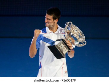 MELBOURNE - JANUARY 30: Novak Djokovic Of Serbia Wins The 2011 Australian Open Final On January 30, 2011 In Melbourne, Australia.