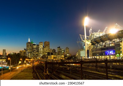 The Melbourne skyline  and the Melbourne Cricket Ground at sunset
