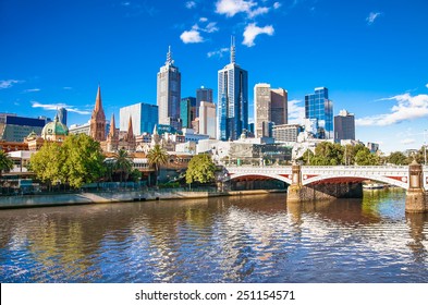 Melbourne skyline looking towards Flinders Street Station. Australia.