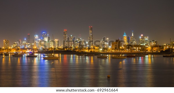 Melbourne Skyline Night Seen St Kilda Stock Photo Edit Now 692961664