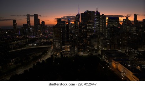 Melbourne, VIC, Australia - Sep 13, 2020 - Melbourne City Skyline At Sunset Or Night.