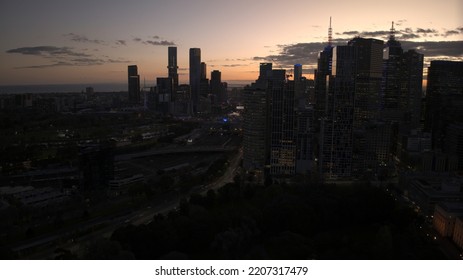 Melbourne, VIC, Australia - Sep 13, 2020 - Melbourne City Skyline At Sunset Or Night.