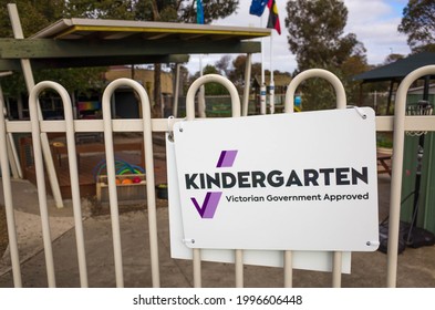 Melbourne, VIC Australia-May 29th 2021: A Sign Of Kinder Tick On The Fence Of A Kindergarten. Early Childhood Education Services That Deliver A Funded Kindergarten Program Can Display And Use The Sign