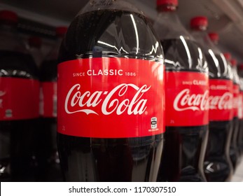 Melbourne, VIC/Australia-August 18th 2018: bottles of Coca Cola placed on supermarket shelf.
