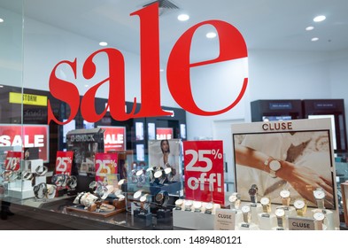 Melbourne, VIC/Australia-August 22nd 2019: Display Window Of A Watch Shop With A Big ‘sale’ Decal.