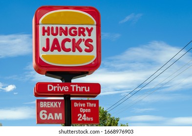 Melbourne, VIC/Australia-March 1st 2020: A Sign Of Hungry Jack's Drive Thru. 'Brekky' Is An Australian Slang Term For Breakfast.