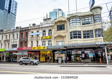 Melbourne, VIC/Australia-Sept 30th 2019: Historical Buildings With Modern Retail Shops Opened On Ground Floor In CBD.