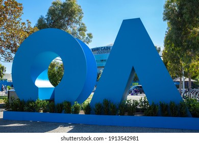 Melbourne, Victoria, Australia - 02.10.2021: Australian Open Branding Blocks At Melbourne Park During The Australian Open Tennis Grand Slam. John Cain Arena In The Background.