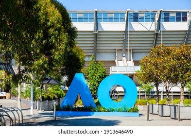 Melbourne, Victoria, Australia - 02.10.2021: The Australian Open Logo In Large Block Letters In The Forecourt Of Olympic Park During The Australia Open Grand Slam Tournament.