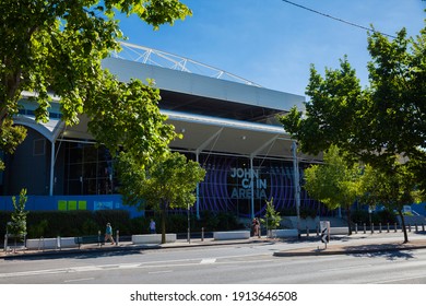 Melbourne, Victoria, Australia - 02.10.2021: The Front Of The John Cain Arena On Olympic Boulevard At The Australian Open Grand Slam Tennis Tournament At Melbourne Park On A Sunny Summer Morning.