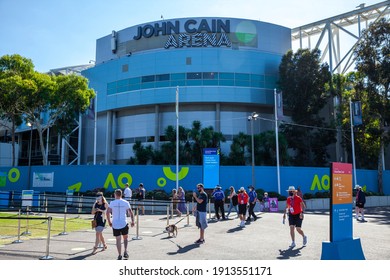 Melbourne, Victoria, Australia - 02.10.2021: People Starting To Arrive At The Entry Gates To The Australian Open Grand Slam Tennis Tournament Outside John Cain Arena At Melbourne Park.