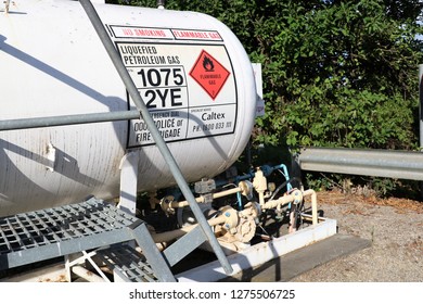Melbourne Victoria Australia 06/01/2019. Liquified Petroleum Gas cylinders with safety warnings.   Tanks owned by Caltex which is owned by Australian Shareholders