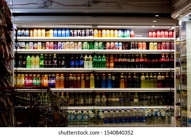 Melbourne, Victoria / Australia - 06/06/2018: Soft Drink Fridge At A Convenient Store In Southern Cross Train Station