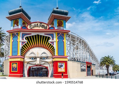 Melbourne, Victoria / Australia - 11/01/2019 Luna Park Melbourne is a historic amusement park located on the foreshore of Port Phillip Bay in St Kilda. It opened on 13 December 1912.