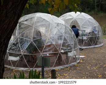 Melbourne, Victoria, Australia, 13 June 2021: Temporary Outdoor Dining Igloo Bubbles Set Up For Private Groups In Response To New Covid-19 Restrictions To Enable Social Distancing In Restaurant Cafes.