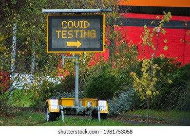 Melbourne, Victoria, Australia, 29 May 2021: Covid Testing Signs On The Road For Drive Through Covid-19 Tests Directing Traffic Where To Go.