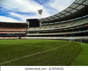 Melbourne, Victoria, Australia - 7th September, 2017: View Of The Lush Green Grass Field And The Empty Stands Of The Melbourne Cricket Ground (MCG)