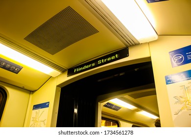 Melbourne, Victoria / Australia - Apr 15 2016: Inside A Train Carriage Stopping At Flinders Street Train Station Waiting For The Passengers And Time Schedule To Move