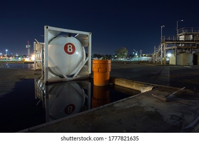 Melbourne, Victoria / Australia - Aug 01 2017:  Night image of a liquid shipping container on a dock, in Spotswood, at the Port of Melbourne.