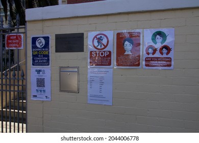Melbourne, Victoria, Australia. August 21, 2021. COVID-19 Signs Outside The Premises Of The International Society For Krishna Consciousness.