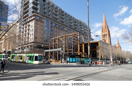 Melbourne, Victoria / Australia - August 29, 2019: Contstruction Site Of The Metro Tunnel Project, Swanston Street.  It Is A Metropolitan Rail Infrastructure Project Currently Under Construction.