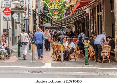 Melbourne, Victoria, Australia, December 11th, 2021: Hardware Lane in Melbourne, Australia is a popular tourist area filled with cafes and restaurants featuring outdoor dining.
