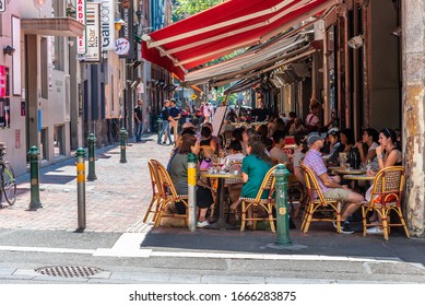 Melbourne, Victoria, Australia, February 23, 2020: Hardware Lane in Melbourne, Australia is a popular tourist area filled with cafes and restaurants featuring al fresco dining.