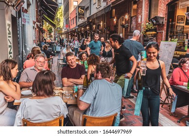 Melbourne, Victoria, Australia, January 25, 2020: Hardware Lane in Melbourne, Australia is a popular tourist area filled with cafes and restaurants featuring outdoor dining.