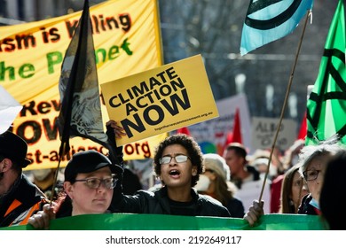 Melbourne, Victoria, Australia, July 30 2022: Climate Action Now Signs At Climate Change Protest - Young People And Students Rallying And Protesting Against Global Warming To Protect Planet Earth.