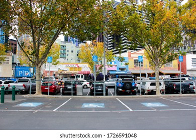 Melbourne, Victoria / Australia - May 07 2020: Empty Disability Parking Lots In Queen Victoria Market During Melbourne Lockdown Due To Covid19 Novel Coronavirus Pandemic