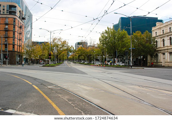 Melbourne,\
Victoria / Australia - May 07 2020: Empty Victoria junction at the\
front of Queen Victoria Market in Melbourne CBD no car no people\
during the city lockdown due to the\
pandemic