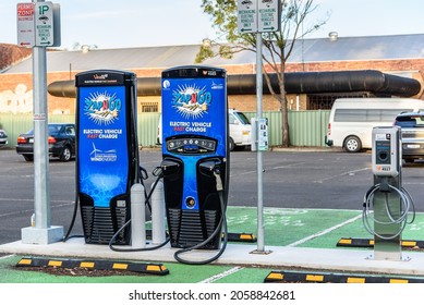 Melbourne, Victoria, Australia, October 12th, 2021: A Bank Of Zap And Go Electric Vehicle Charge Stations Ready To Be Used To Recharge Battery Powered Cars