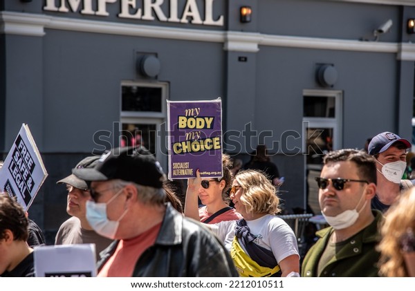 Melbourne,\
Victoria, Australia, October 8th, 2022: Protestors assemble in the\
city of Melbourne to highlight their issues of anti-racism,\
abortion, socialism and\
anti-fascism.