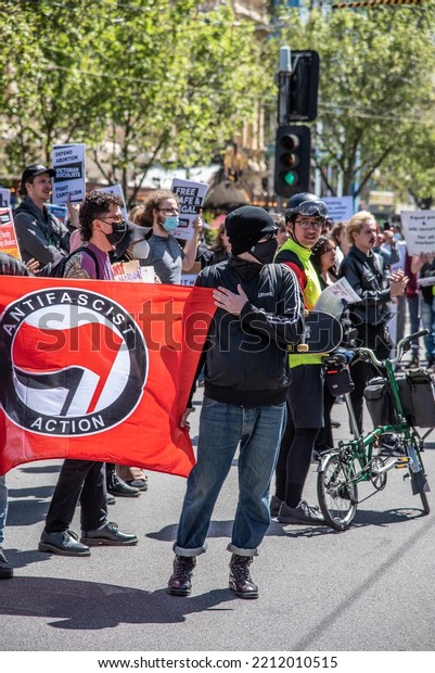 Melbourne,\
Victoria, Australia, October 8th, 2022: Protestors assemble in the\
city of Melbourne to highlight their issues of anti-racism,\
abortion, socialism and\
anti-fascism.