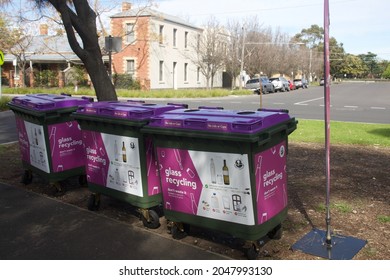 Melbourne, Victoria, Australia. September 9, 2021. Glass Recycling Bins.