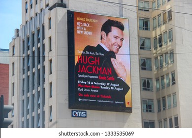 Melbourne, Victoria -  March 7 2019 Sign Advertising Hugh Jackmans World Tour. This Digital Portrait Billboard Is Located At The Corner Of Flinders And Elizabeth Streets.