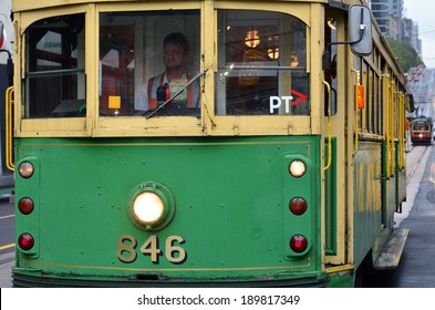 MELBOURNE,AUS - APR 10 2014:Melbourne Tramway Driver.It's The Largest Urban Tramway Network In The World. The Network Consisted Of 250 Km (155.3 Mi) Of Track, 487 Trams, 30 Routes And 1,763 Tram Stops