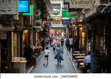 Melbourne,Australia - April 15,2019 : The restaurant in the Hardware lane in Melbourne CBD. The main attraction and people are having food in font of shop.