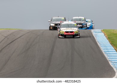 MELBOURNE/AUSTRALIA - SEPTEMBER 10, 2016: Kumho Tyre V8 Touring Cars Coming Into Turn 10 For Race 1 At Round 6 Of The Shannon's Nationals At Phillip Island GP Track In Victoria, Australia.