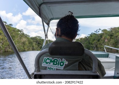 Melgaco, Para, Brazil - Nov 08, 2021: Public Servant Of Chico Mendes Institute For Biodiversity Conservation (ICMBio) In Inspection Activity By Rivers In The Brazilian Amazon Region.