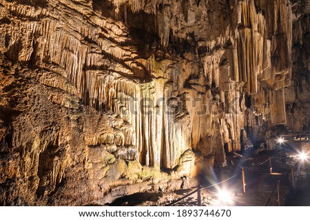 Melidoni cave with stalactites and stalagmites on the island of Crete, Greece