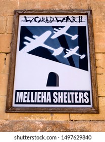 Mellieha, Malta - August 16th 2019: Sign at the Air Raid Shelter in the town of Mellieha, Malta. Now a tourist attraction, the shelter was created to protect the population of the town from WW2 bombs.