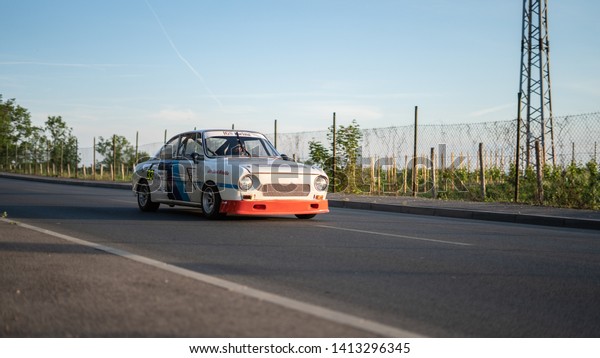 \
MELNIK, CZECH REPUBLIC - JUNE 1, 2019: \
Vehicle\
competing during Rally Legend, Championships, Czech Republic. WRC\
and modified factory cars. Autocross event. \
Car Skoda 130 Rapid\
adapted for racing