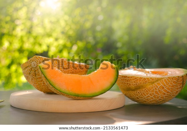 Melon in a cut . Appetizing summer fruits. ripe melon in\
a summer garden. 